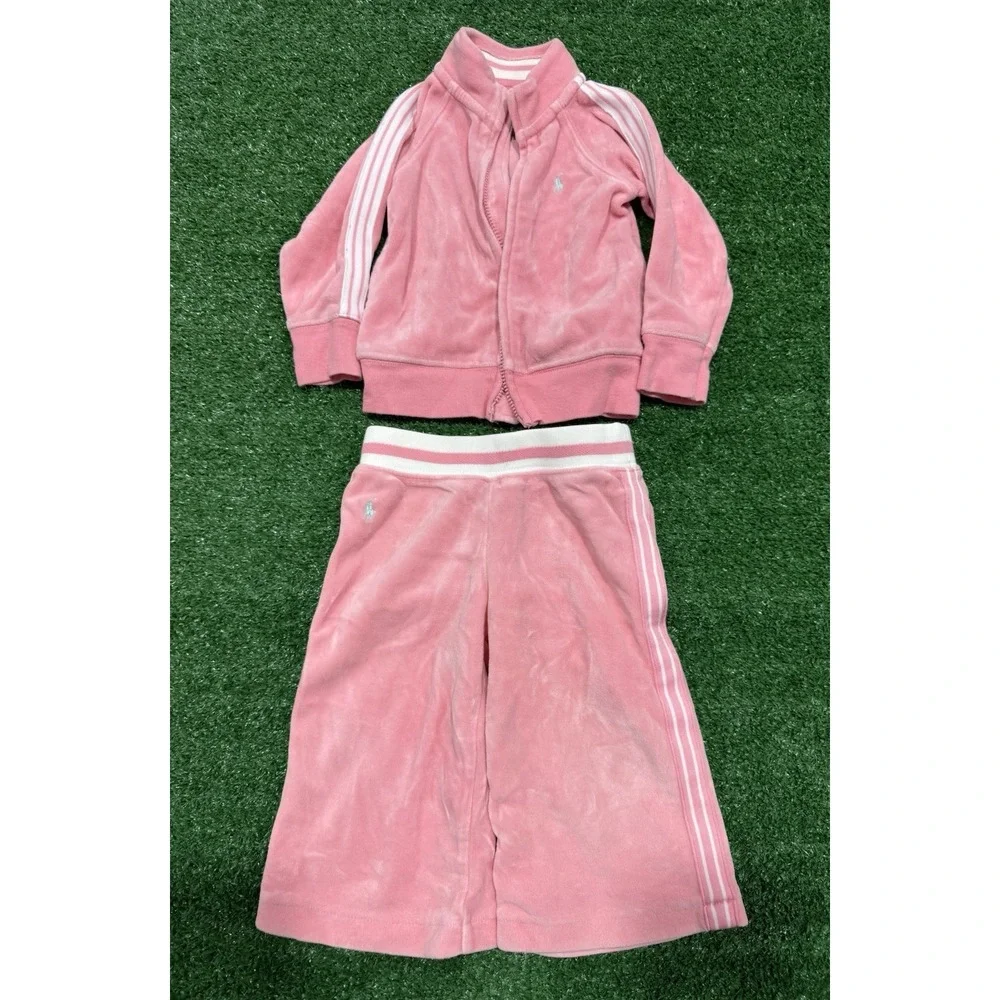 Ralph Lauren Baby Girl Track Suit 2 Piece 12m Pink Velour Hoodie Pants Pony Y2K